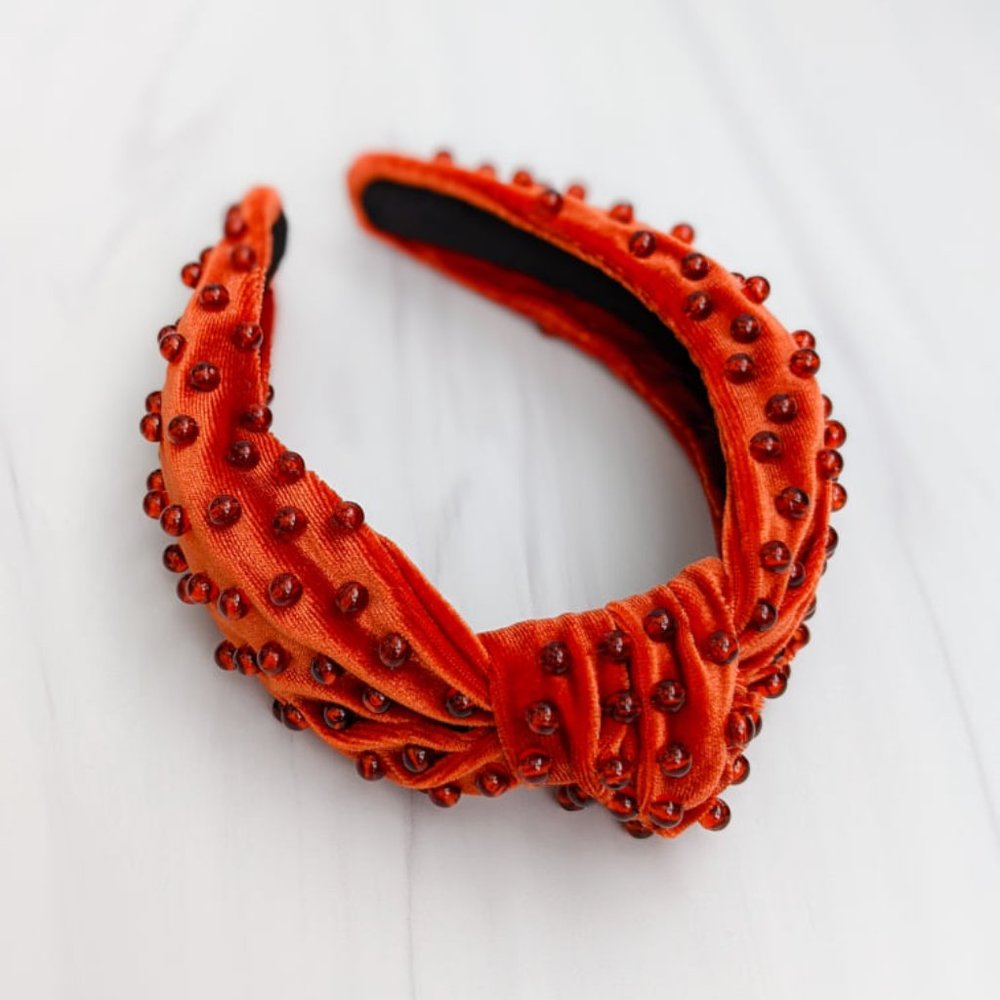 Rust Orange Beaded Knot Velvet Headband Burgundy Clear Acrylic Beads Handmade